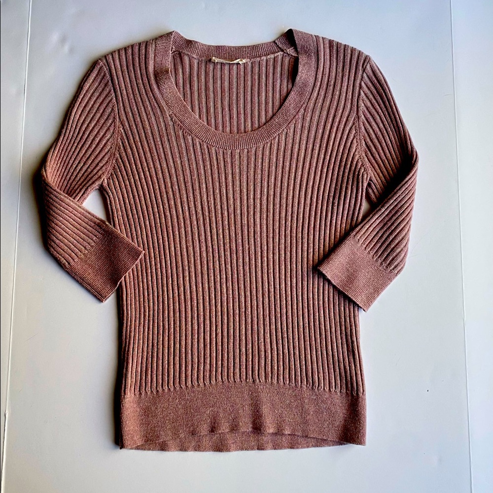 Rebecca Taylor Lurex Rib Scoop Neck Sweater Shimmer Pink 3/4 Sleeve Medium